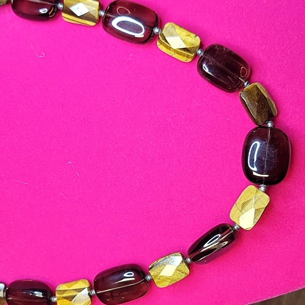 Vintage Chunky Smokey Quartz & Faceted Tiger Eye Beaded Necklace 925 Clasp A02